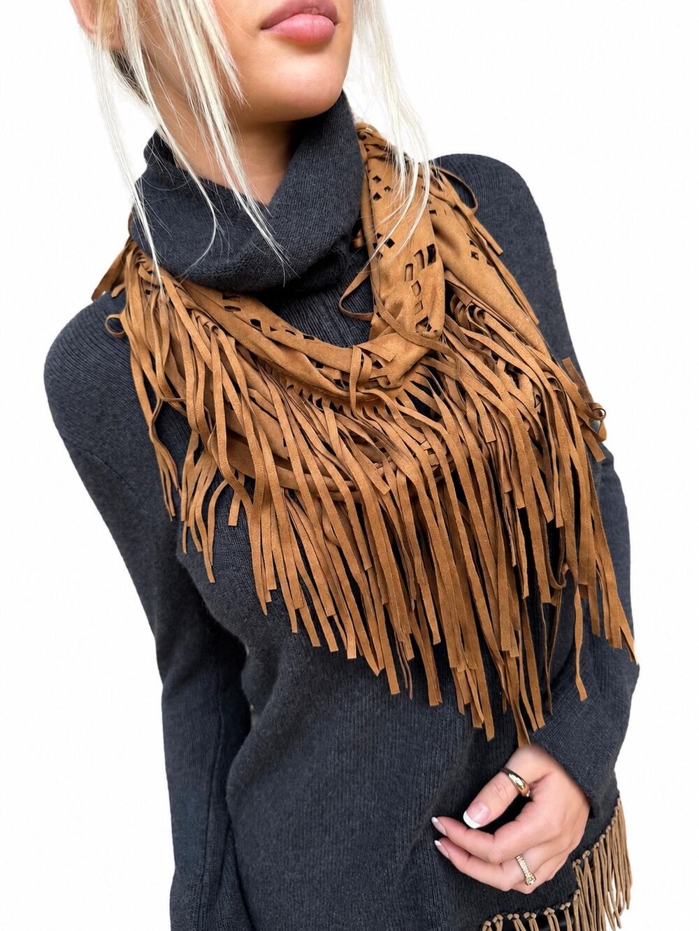 Brown Faux Suede Fringe Cutout Loop 
Scarf